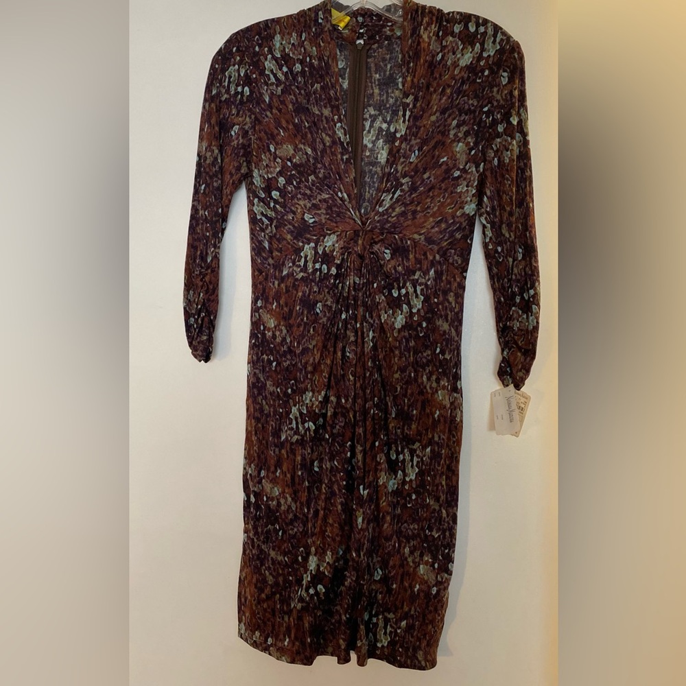 Catherine Malandrino Brown and Blue 3/4 Sleeve Wool Dress